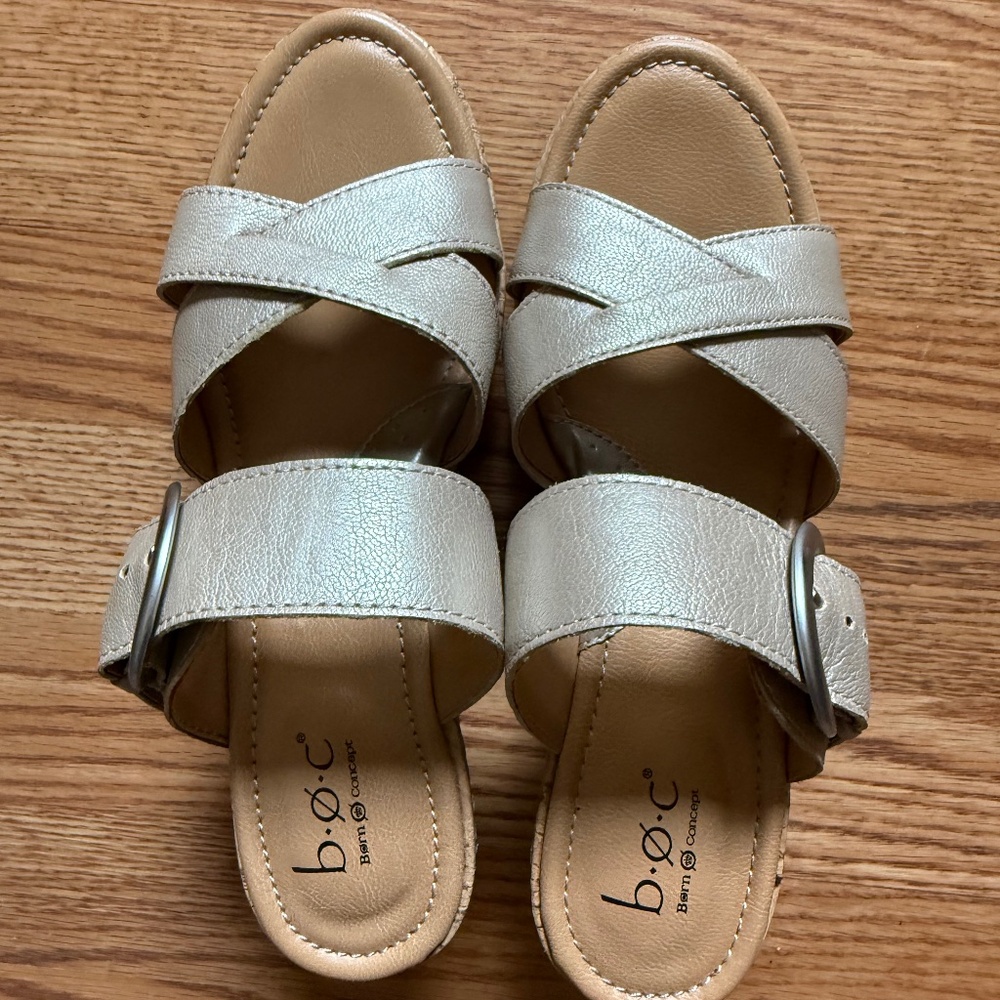 BOC by Born Womens Size 7 M Cork Wedge Sandals Beige Leather Strappy
